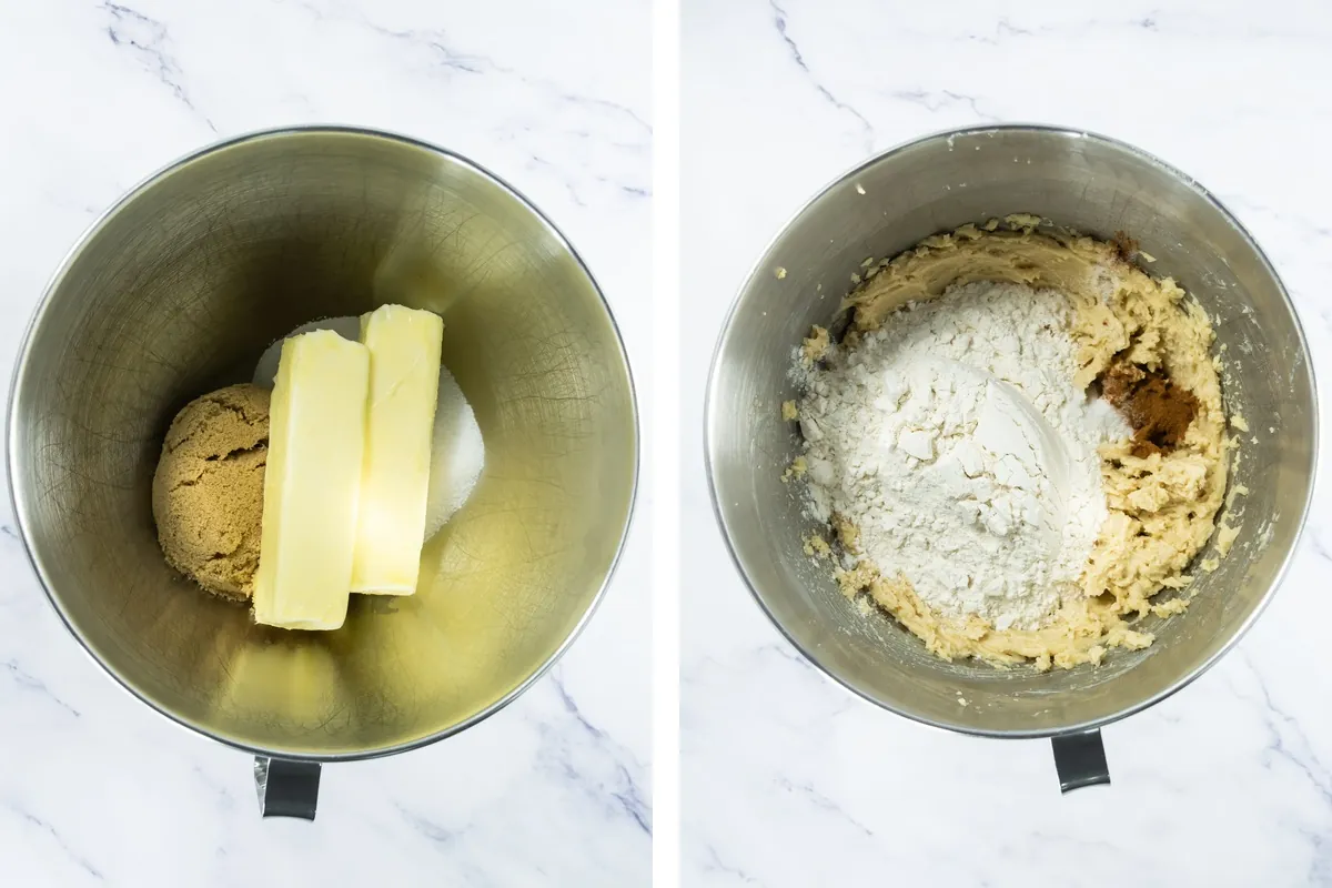 Butter and sugars in a mixer beside flour added to pecan shortbread cookie dough.