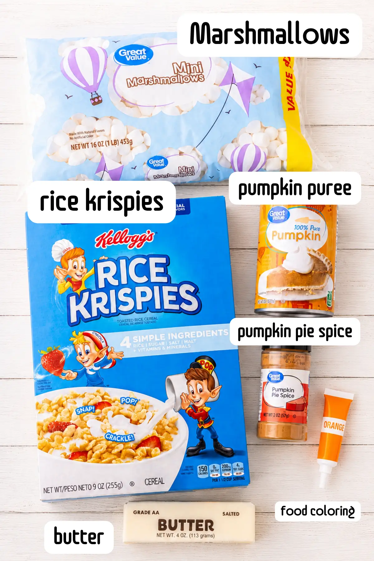 Ingredients for Mini Pumpkin Pie Rice Krispie Treats with real pumpkin.