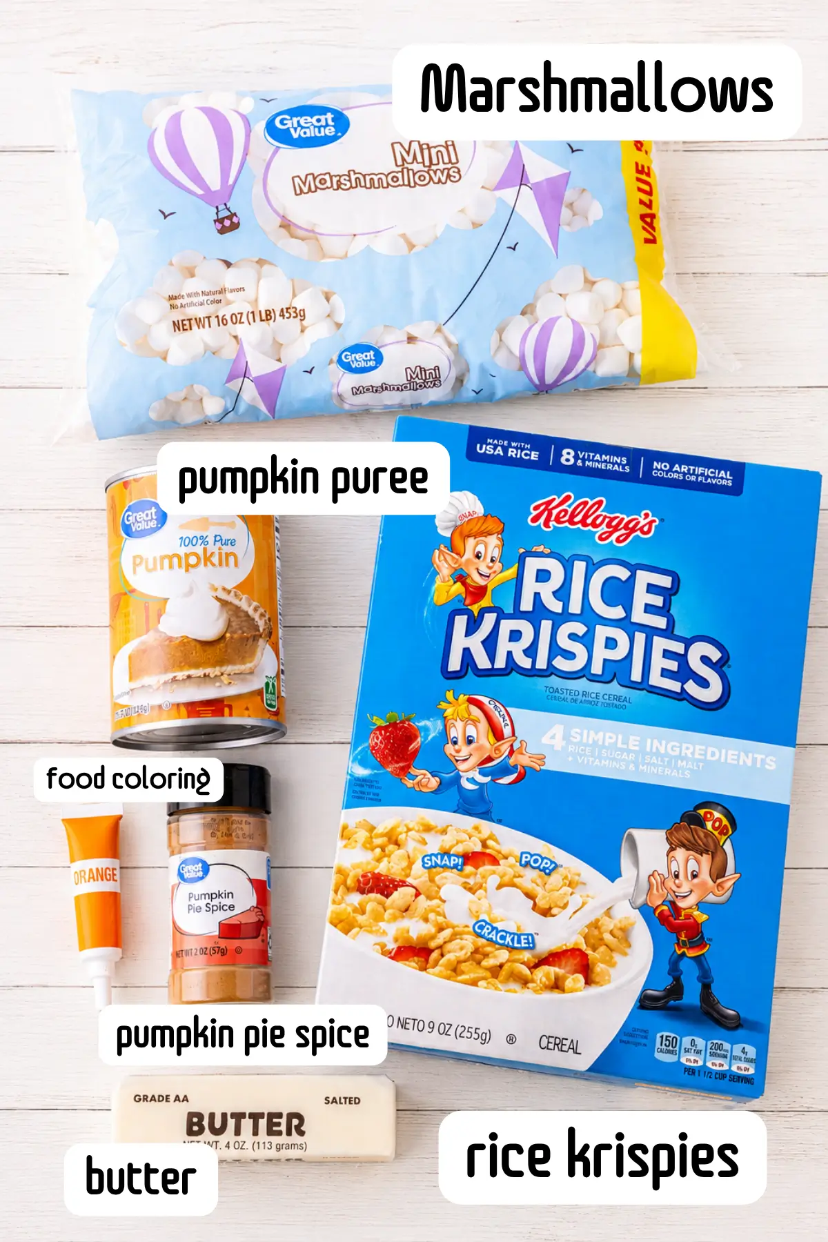 Ingredients for Pumpkin Pie Rice Krispie Treats including marshmallows, pumpkin, and cereal.
