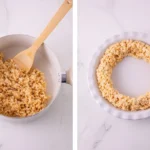 Rice Krispie crust mixture in a pot beside the crust pressed into a pie plate.