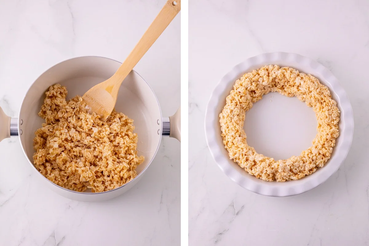 Rice Krispie crust mixture in a pot beside the crust pressed into a pie plate.
