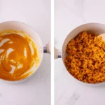 Pumpkin marshmallow mixture beside orange Rice Krispie filling in a pot.