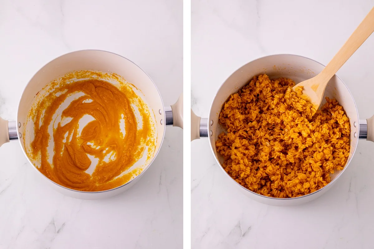 Pumpkin marshmallow mixture beside orange Rice Krispie filling in a pot.