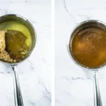 Brown sugar and honey added to melted butter beside the bubbling brittle syrup.
