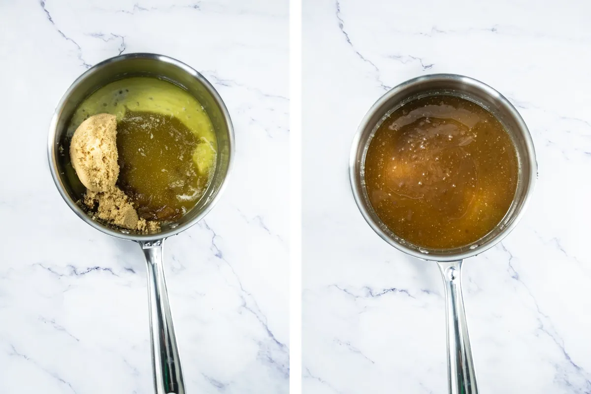 Brown sugar and honey added to melted butter beside the bubbling brittle syrup.