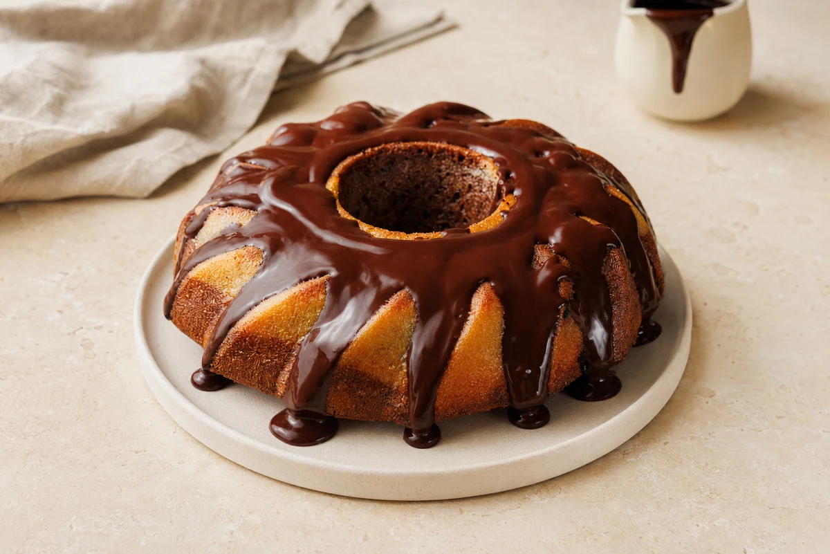 Small cinnamon swirl Bundt cake with chocolate drizzle on a white plate.
