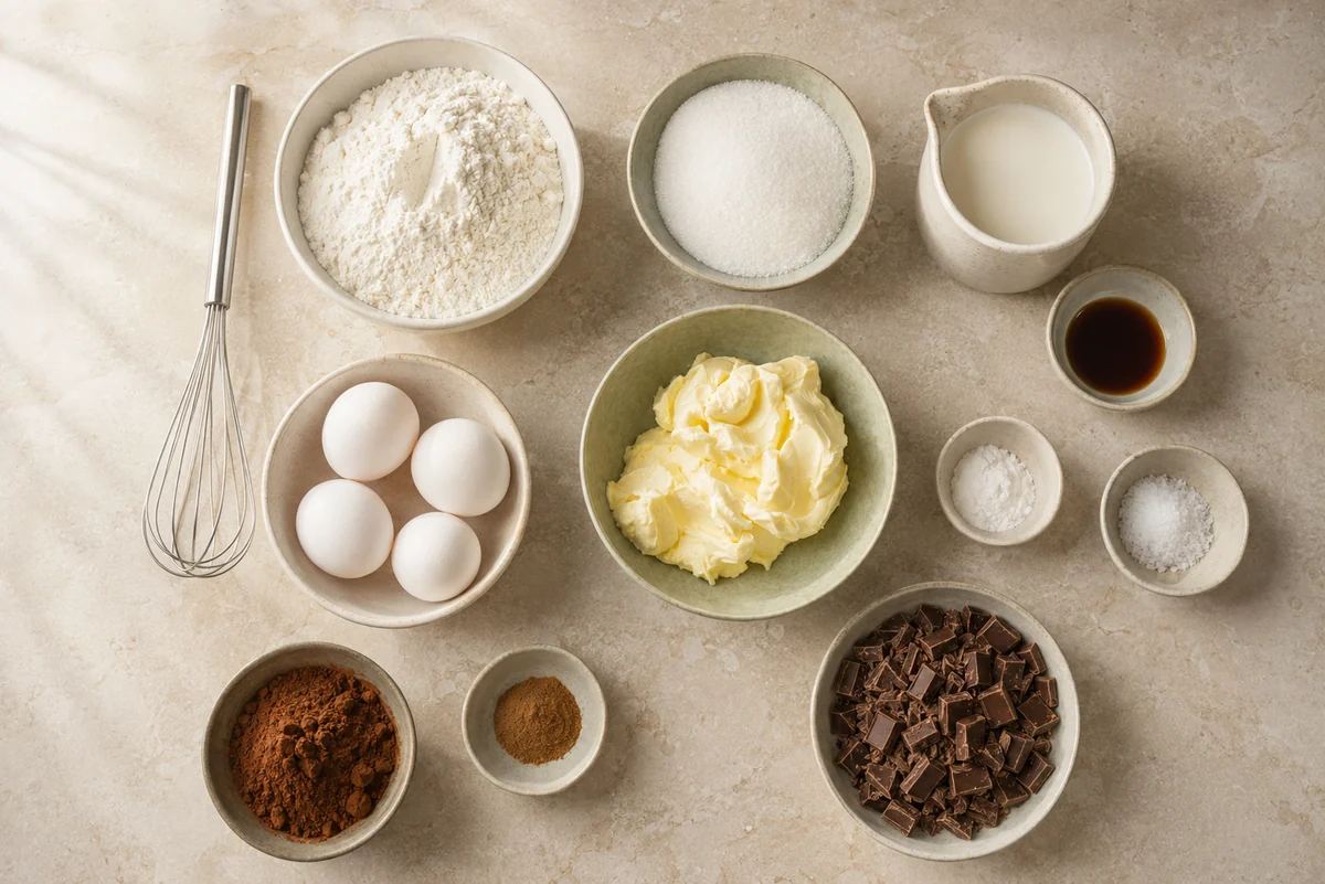 Flour, sugar, butter, eggs, milk, vanilla, cocoa, cinnamon, baking powder, salt, and chocolate for Bundt cake.