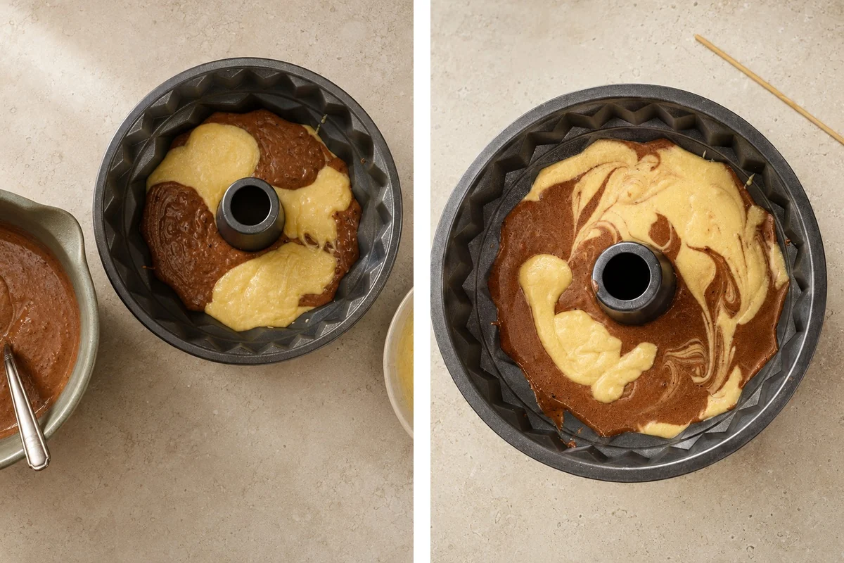 Vanilla and cocoa-cinnamon batters layered and swirled in a 6-cup Bundt pan.