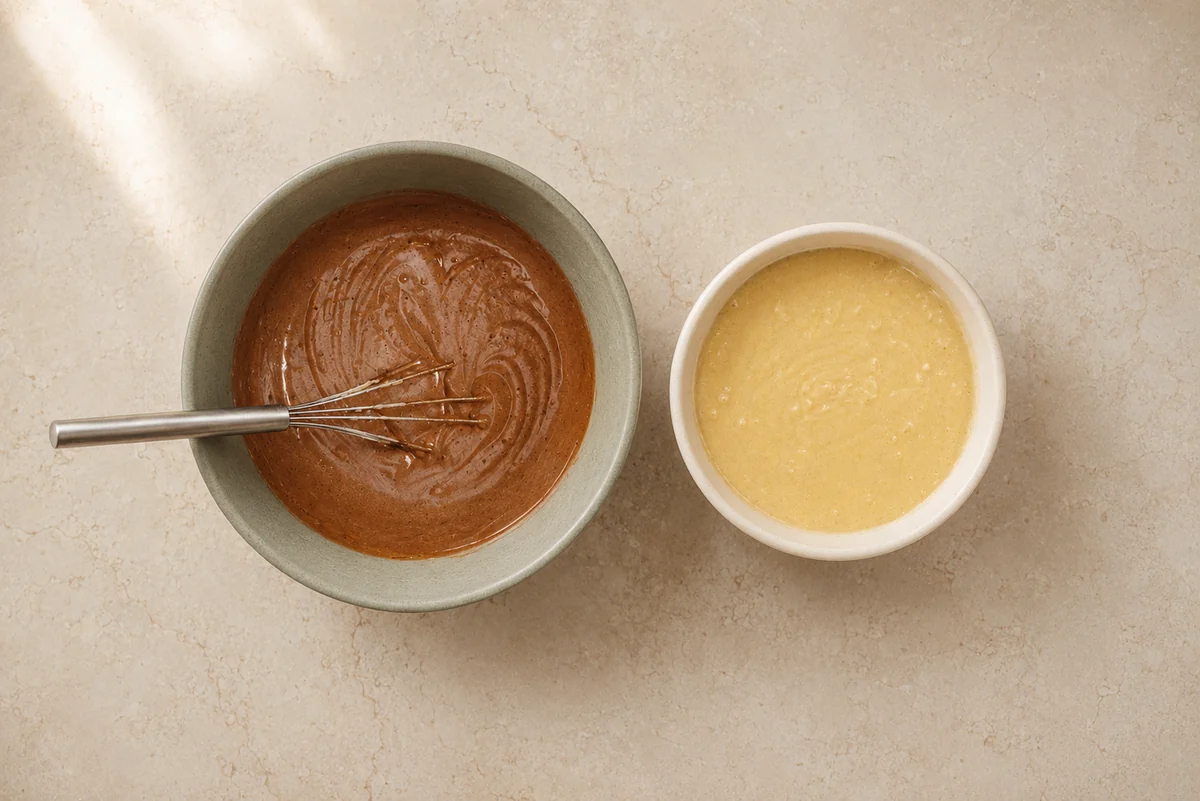 Vanilla batter and cinnamon cocoa batter in bowls before layering into a Bundt pan.