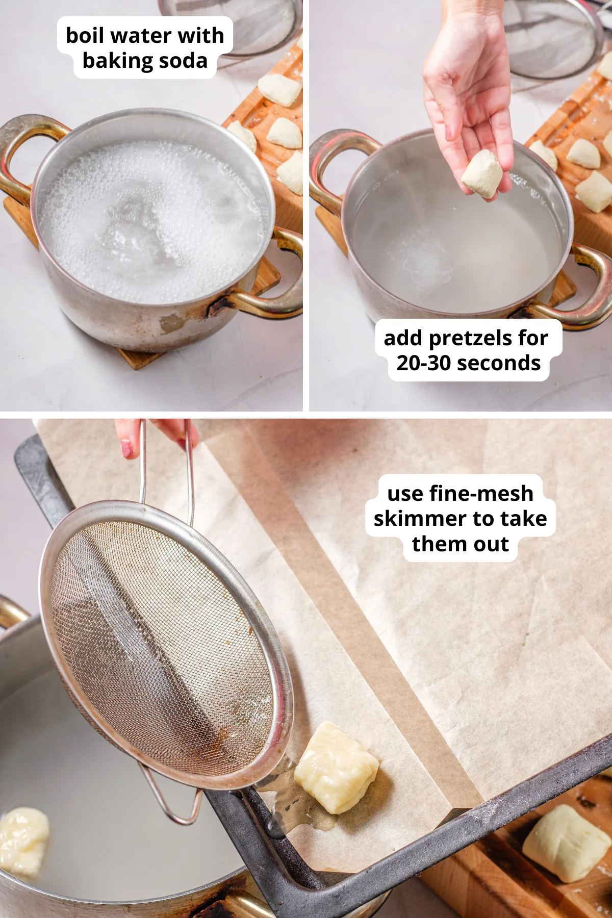 Pretzel bite dough being dipped in a baking soda bath and lifted out with a fine-mesh skimmer.