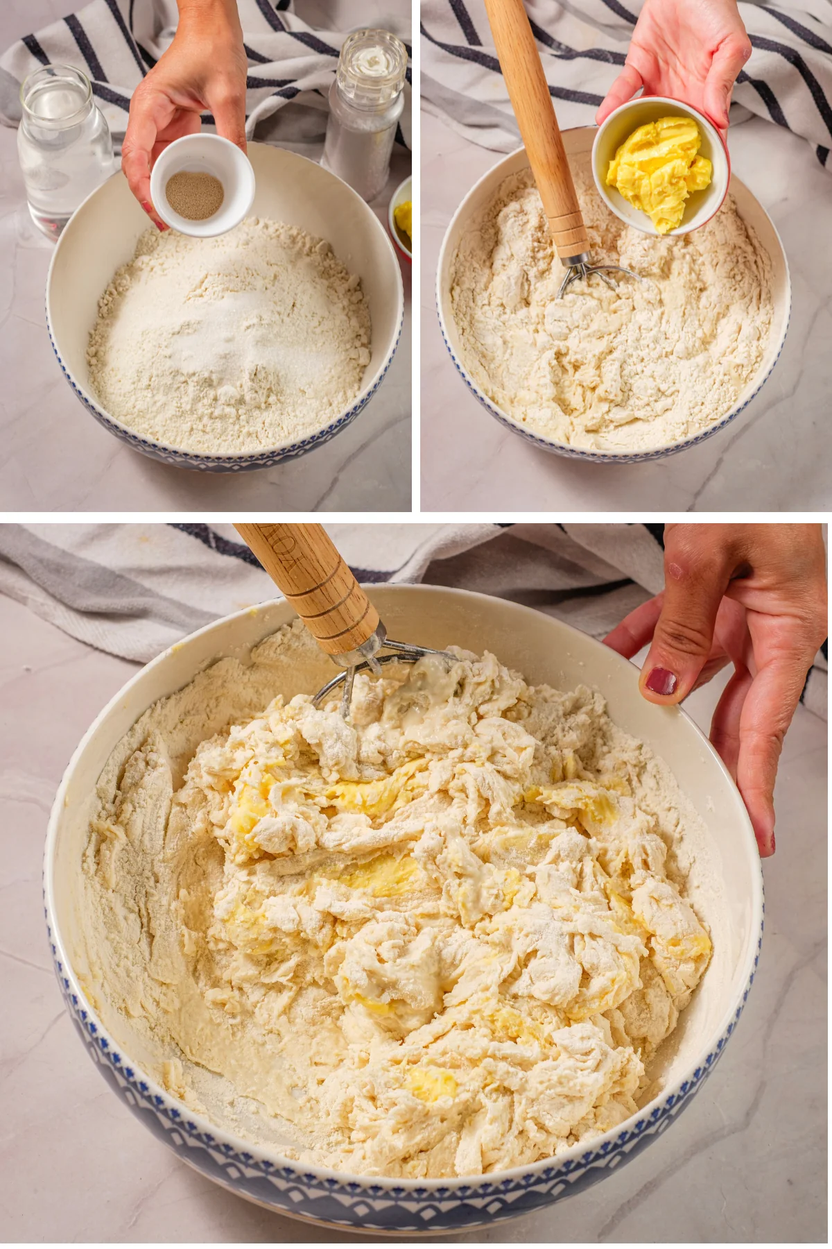 Flour, instant yeast, butter, and water being mixed into pretzel dough.