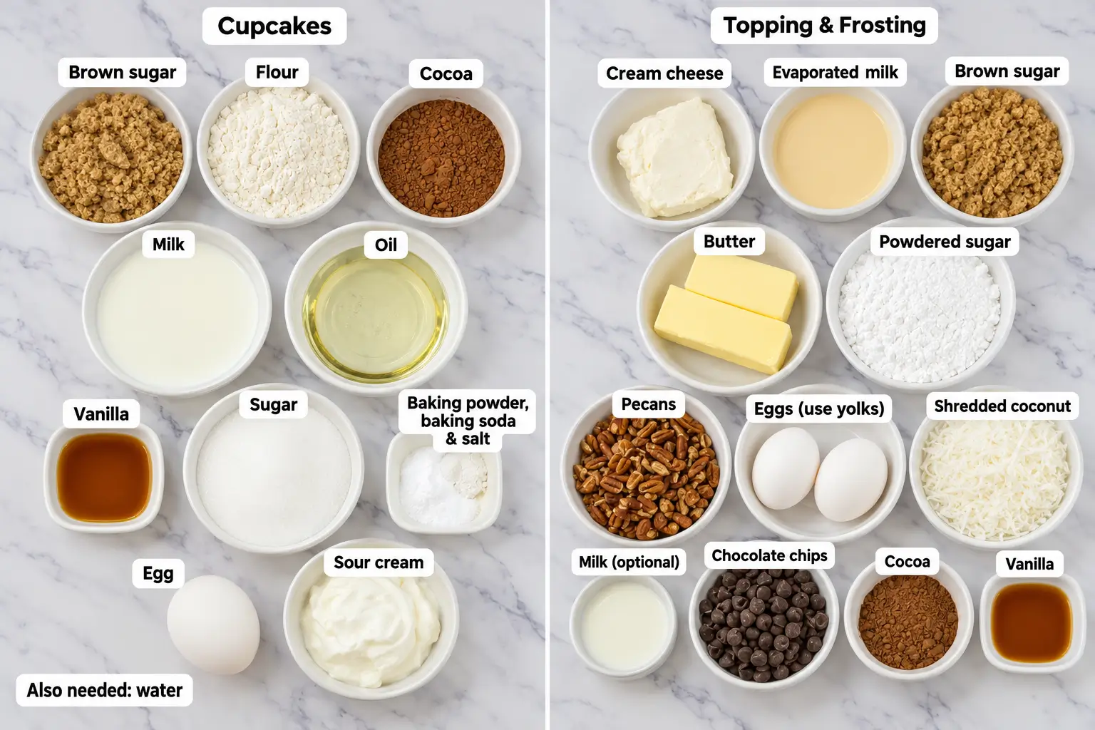 Ingredients for German chocolate cupcakes and frosting, including cocoa, flour, and cream cheese