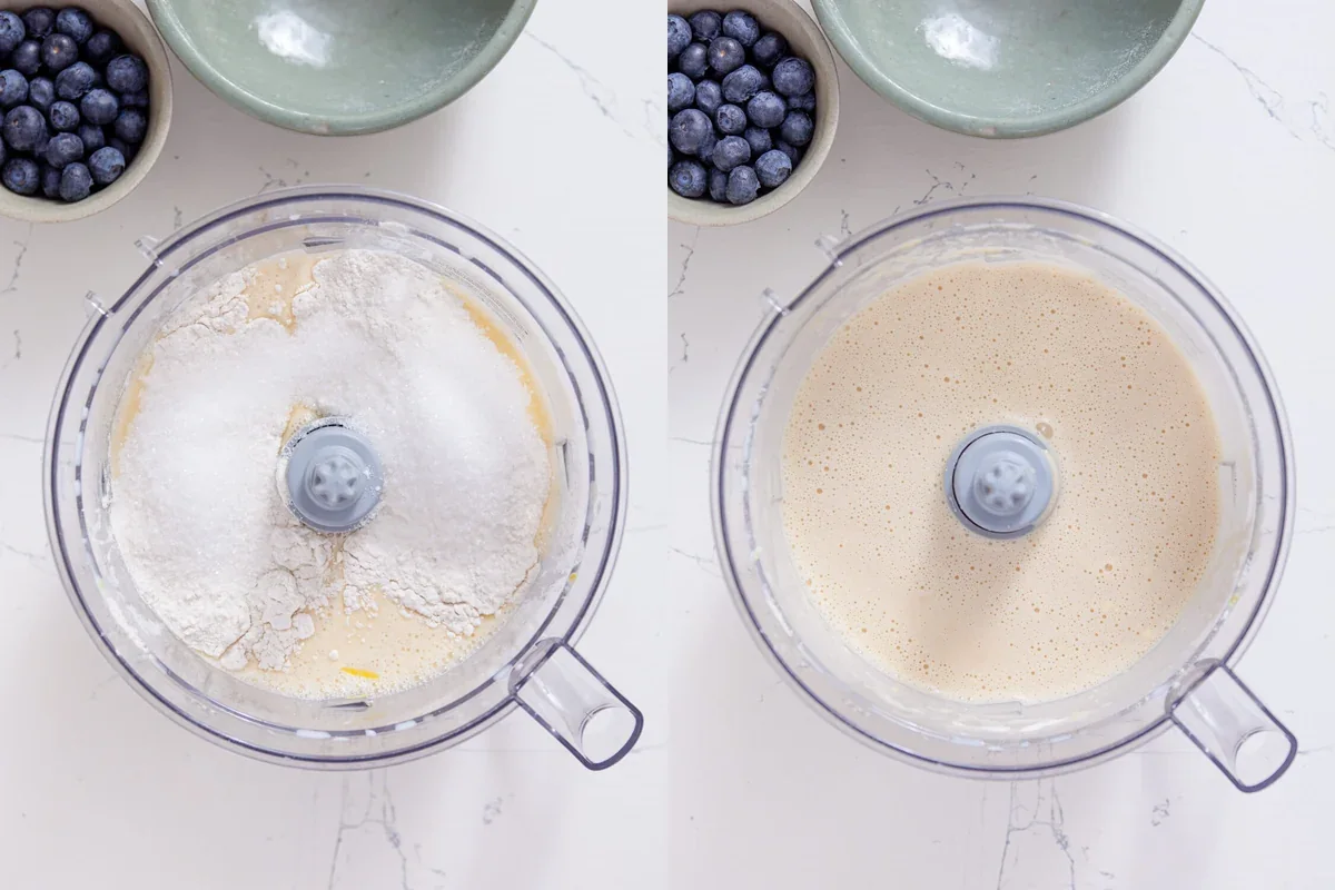 Two-step panel showing flour added to the blender and the finished smooth batter.