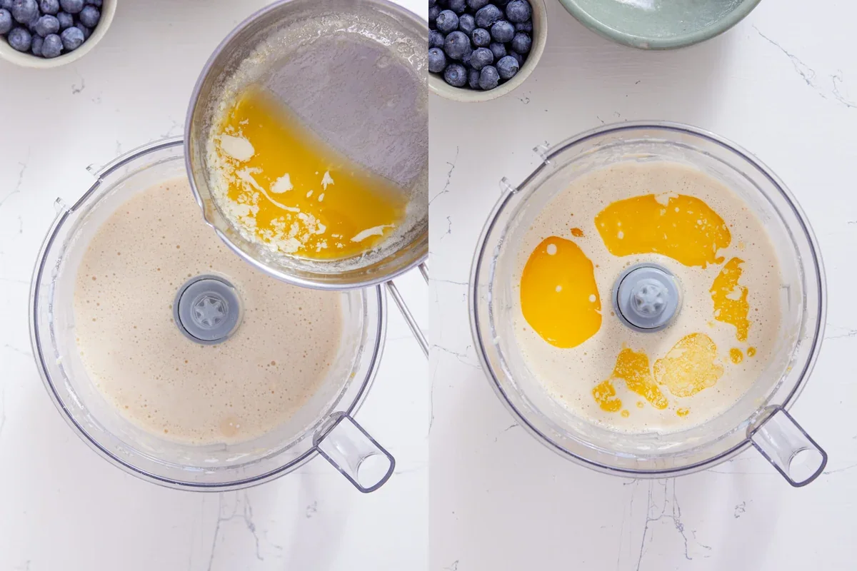 Two-step panel showing melted butter, then butter added to the blender batter.