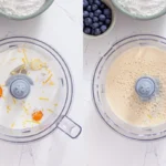Two-step panel showing eggs and milk in a blender, then smooth blended batter.