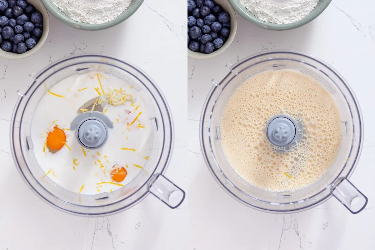 Two-step panel showing eggs and milk in a blender, then smooth blended batter.