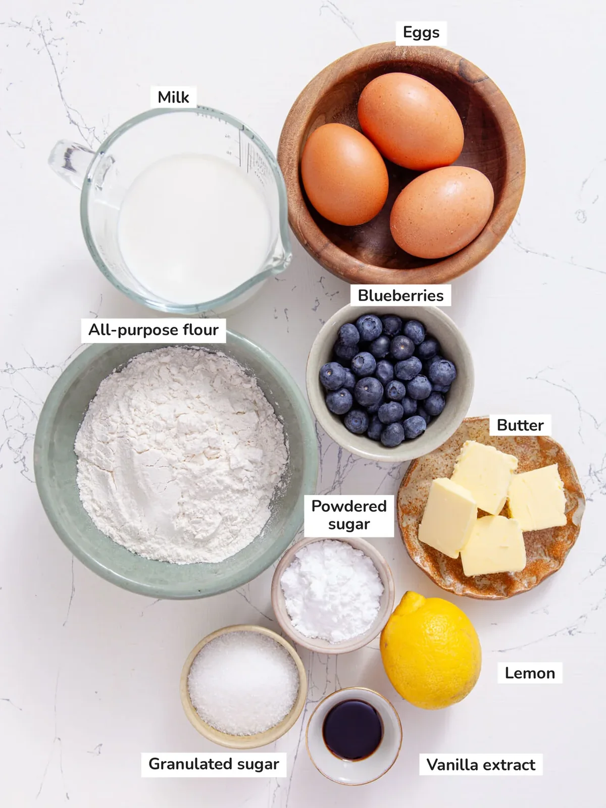 Labeled overhead image of ingredients for lemon blueberry popovers.