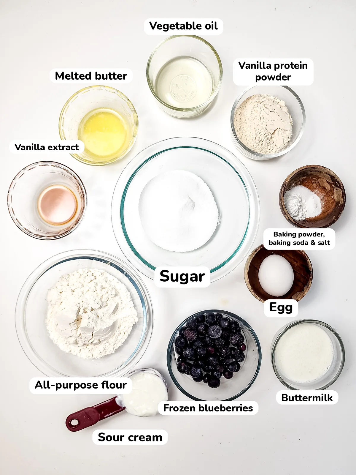 Labeled overhead photo of the ingredients for blueberry protein muffins.