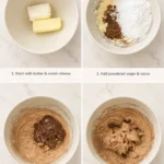 Four-step panel showing ingredients and smooth chocolate cream cheese frosting in a mixing bowl.