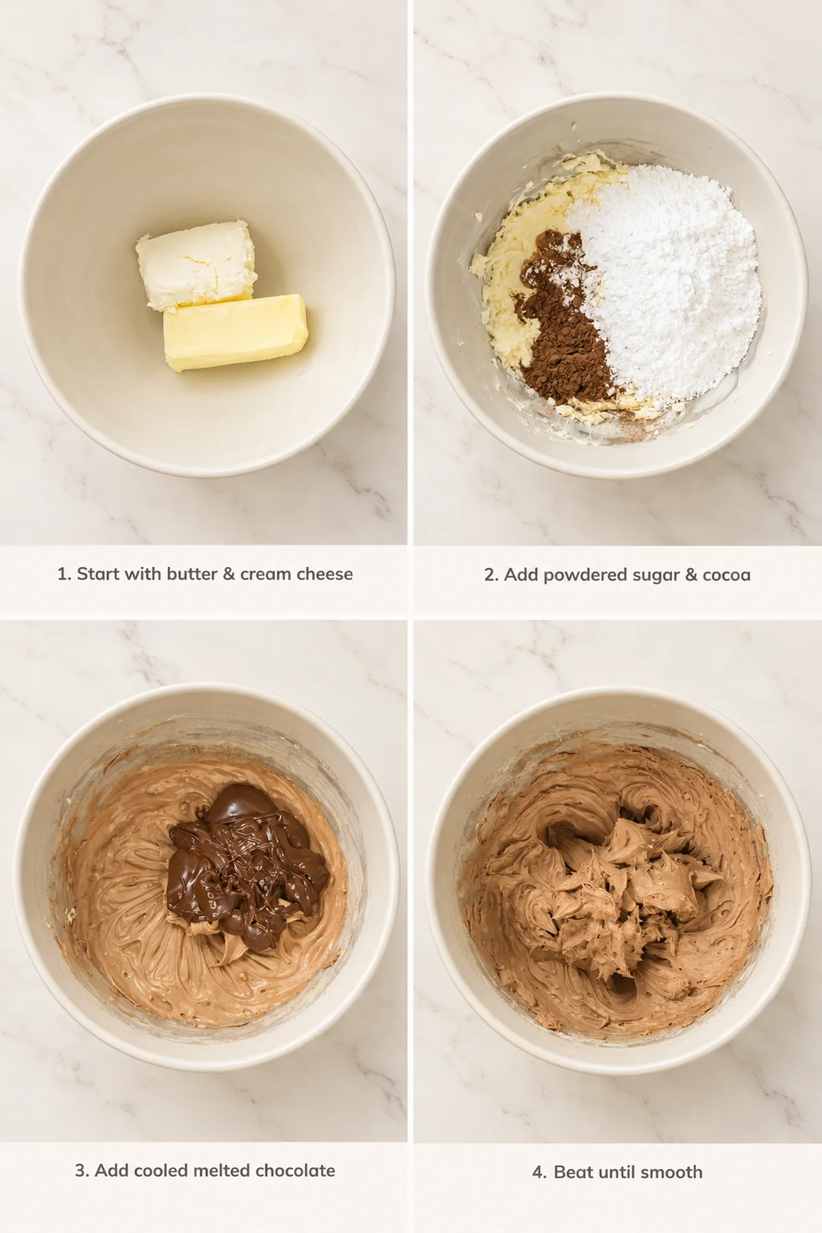Four-step panel showing ingredients and smooth chocolate cream cheese frosting in a mixing bowl.