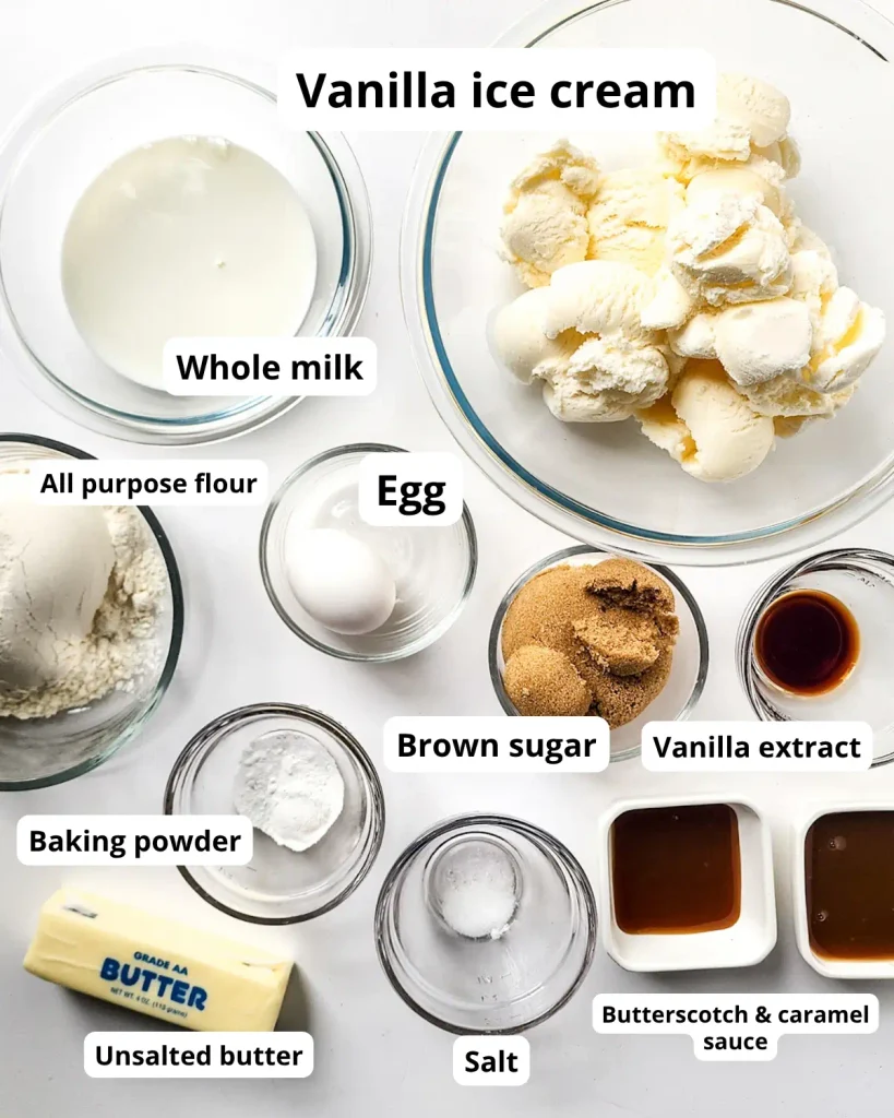 Ingredients for caramel crumble milkshake with ice cream and blondie pieces.