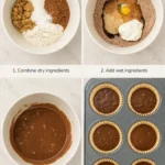 Four-step panel showing dry ingredients, wet ingredients, chocolate cupcake batter, and filled cupcake liners.