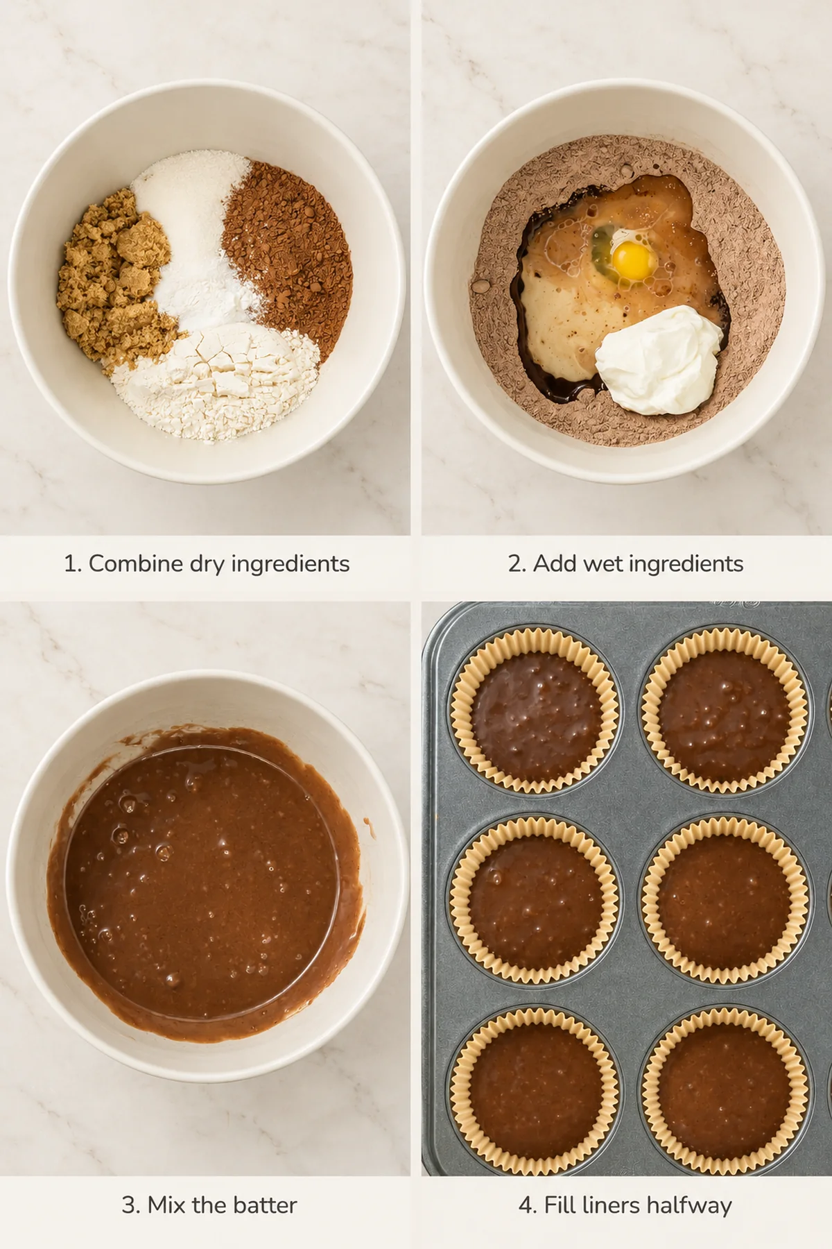 Four-step panel showing dry ingredients, wet ingredients, chocolate cupcake batter, and filled cupcake liners.