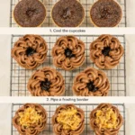 Three-step panel showing cooled cupcakes, piped frosting borders, and coconut-pecan topping spooned into the centers.