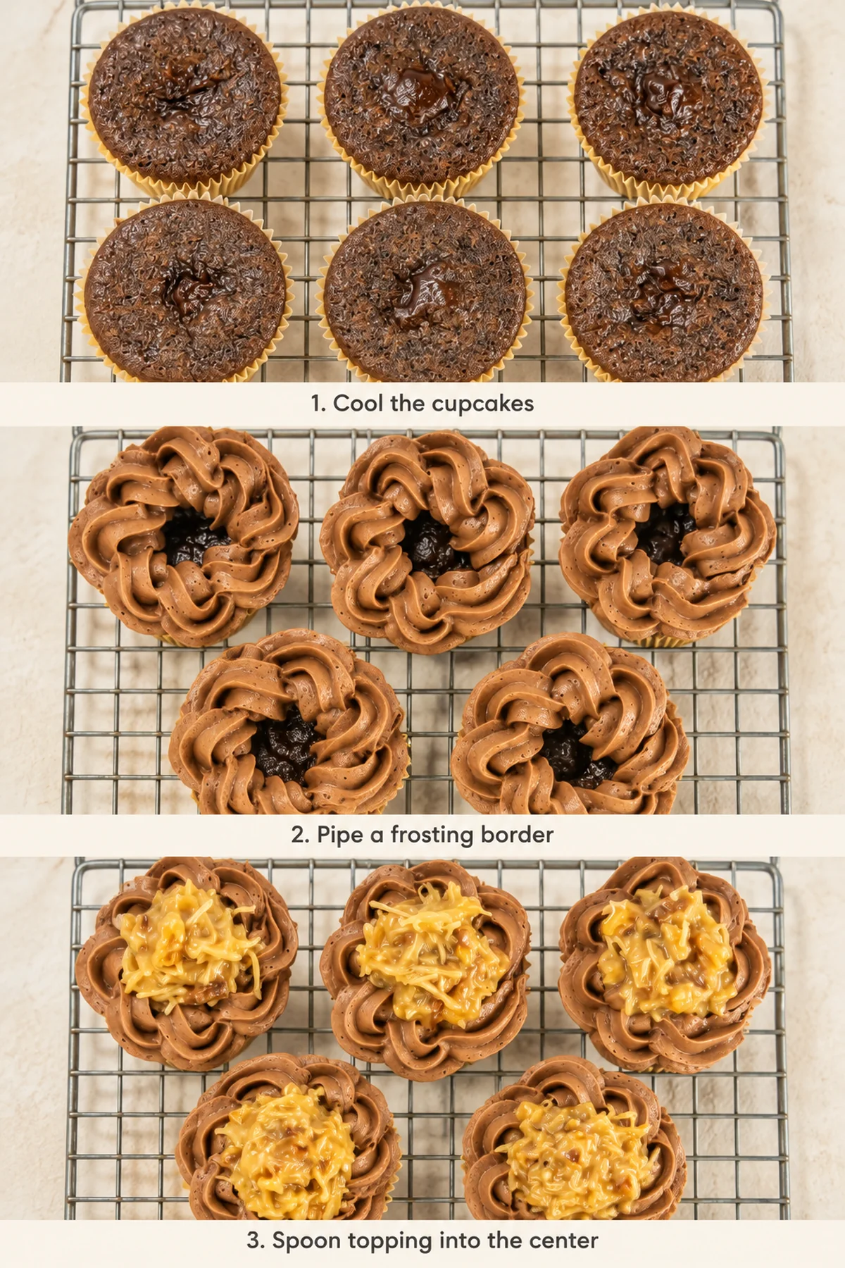 Three-step panel showing cooled cupcakes, piped frosting borders, and coconut-pecan topping spooned into the centers.