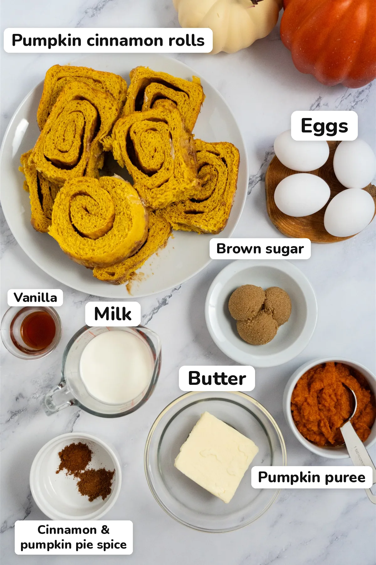 Labeled ingredients for pumpkin cinnamon roll French toast: pumpkin cinnamon rolls, eggs, milk, brown sugar, vanilla, butter, pumpkin puree, cinnamon and pumpkin pie spice