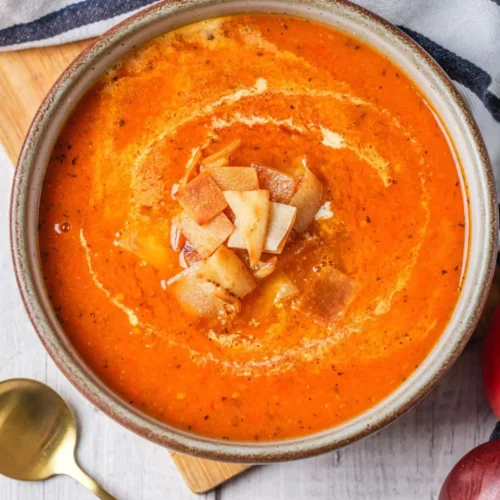 Tomato Bisque Soup With Fresh Tomatoes (Small Batch for Two) Bowl of creamy tomato bisque soup with croutons on top