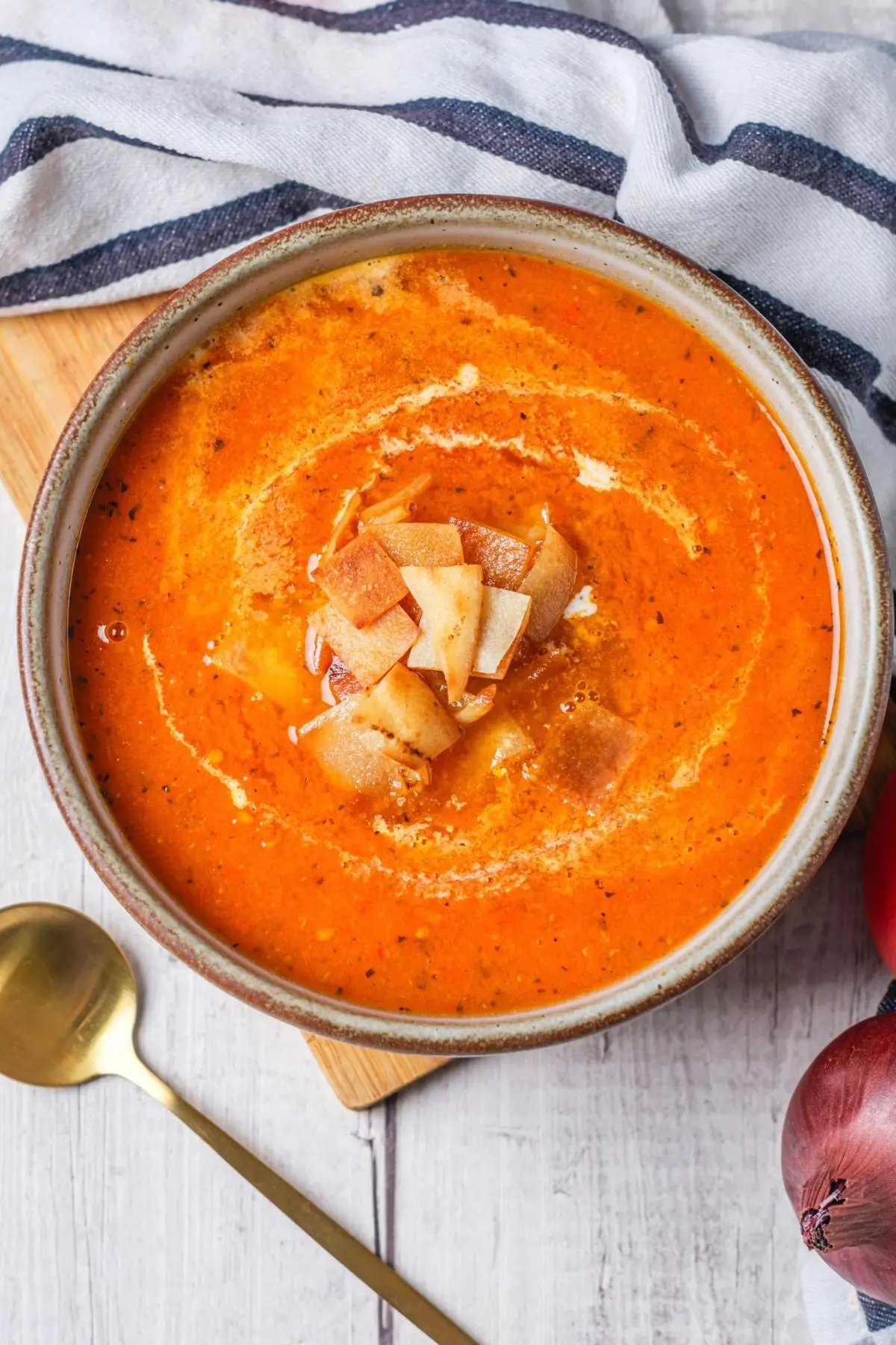 Tomato Bisque Soup With Fresh Tomatoes (Small Batch for Two) Bowl of creamy tomato bisque soup with croutons on top