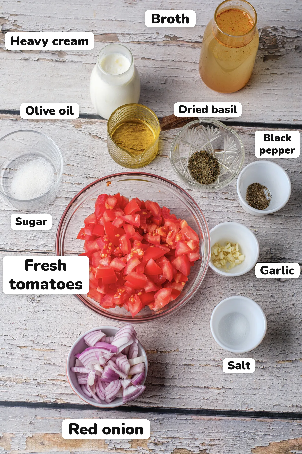 Tomato Bisque Soup With Fresh Tomatoes (Small Batch for Two) Labeled ingredients for tomato bisque soup: fresh tomatoes, red onion, heavy cream, broth, olive oil, sugar, dried basil, black pepper, garlic and salt